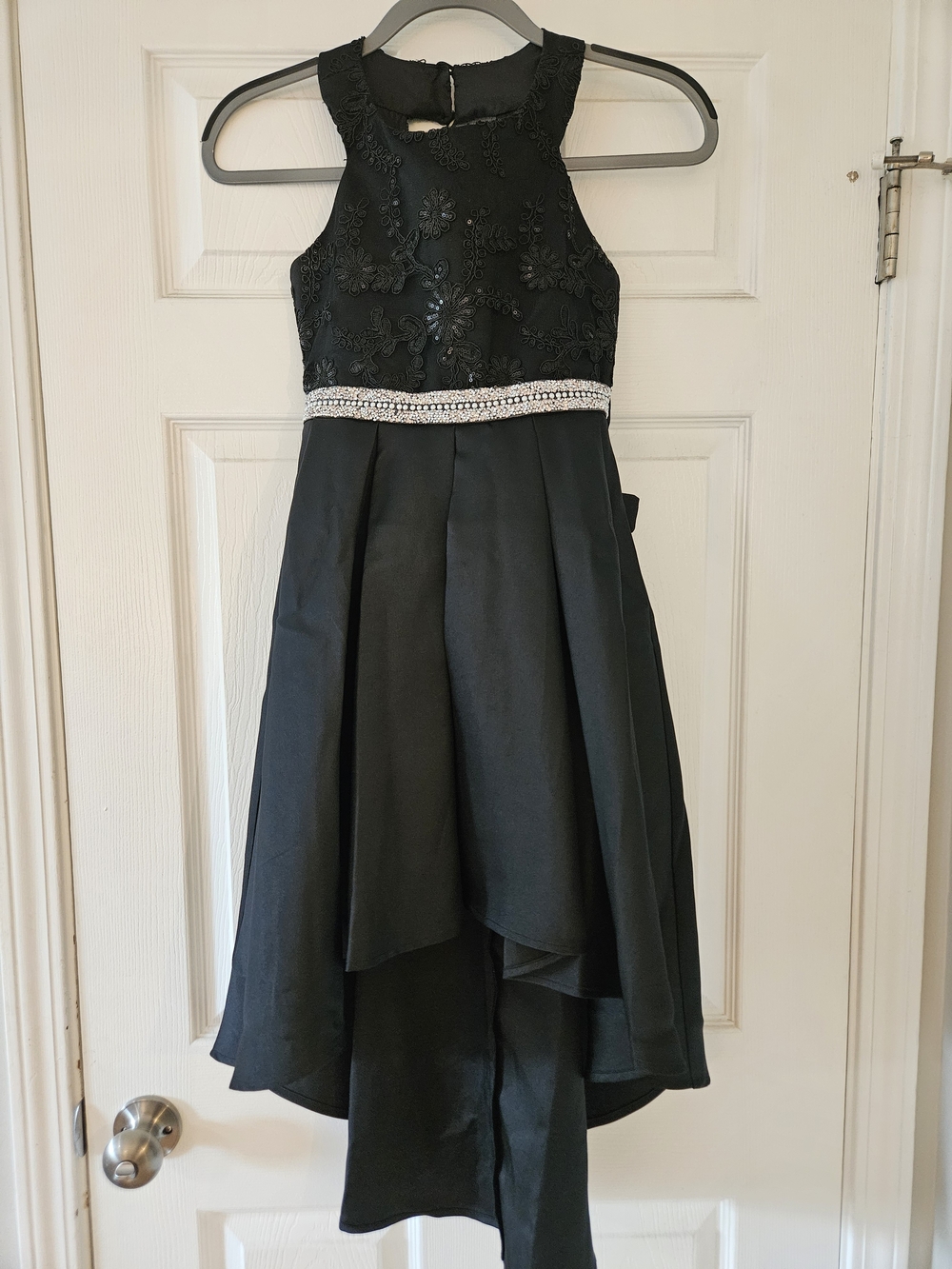 Bonnie Jean Black Floral Lace High-Low Dress with Beaded Waist